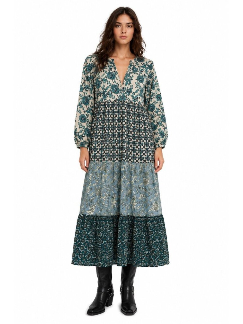 ZARA patchwork floral boho maxi dress MEDIUM hippie chic tiered tunic romantic